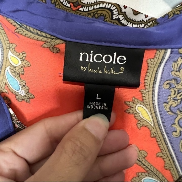 Nicole miller paisley print button down blouse size large orange purple - Picture 7 of 8